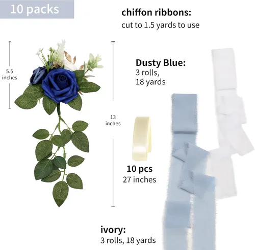 Vista 2 de Arreglo floral de pasillo para la ceremonia de la boda, juego de 10 flores para sillas de la iglesia, decoración para fiestas con flores Azul