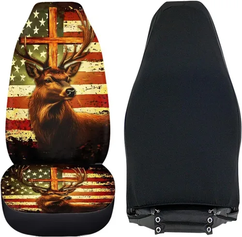Vista 4 de LedBack Fundas universales de asiento de coche solo para asientos delanteros, bandera estadounidense, ciervos, 2 piezas, protector elástico