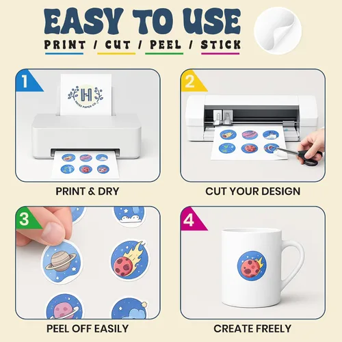 Vista 4 de Papel adhesivo de vinilo imprimible para impresora de inyección de tinta, hojas autoadhesivas blancas brillantes e impermeables para Cricut