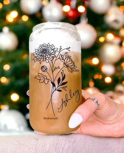 Vista 9 de Juego de vasos de cristal personalizados con pajita, regalo de Navidad, diseño personalizado con tu nombre y título, regalo de dama de honor