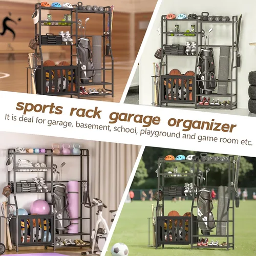 Vista 4 de Faesun Organizador de equipos deportivos de garaje, estante de almacenamiento para bolsas de golf, soporte de pelota resistente con cesta y ganchos