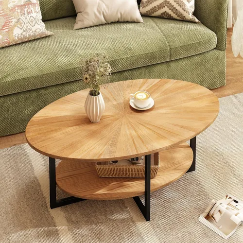 Vista 11 de Mesa auxiliar ovalada de madera con estante de almacenamiento, mesa de 2 niveles, negro y marrón Negro marrón-43.3 pulgadas