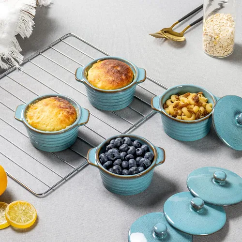 Vista 3 de Creme Brulee Ramekins de 8 onzas con tapas, cuencos aptos para horno para sopa de cebolla francesa, plato para soufflé, mini cazuela cubierta, juego