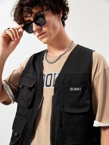 Vista 4 de Verdusa Chaleco tipo cargo steampunk sin mangas con hebilla con cremallera y bolsillo con solapa para hombre