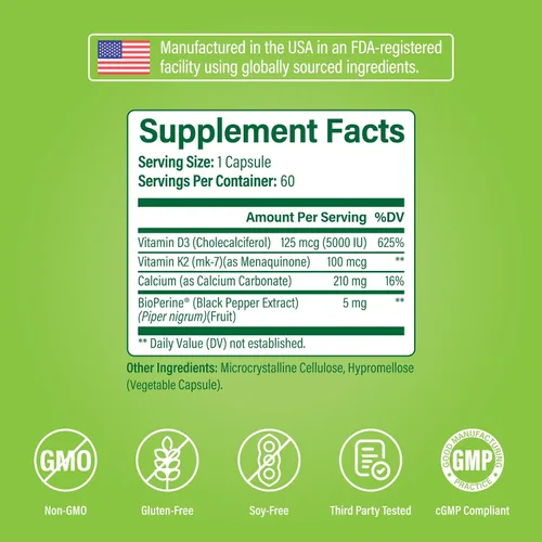 Vista 6 de Noophoric Vitamina D3 K2 5000 UI, D3 con K2 MK7, cápsulas de vitamina D3 K2 con calcio y bioperina, sin OMG, sin gluten, sin soja, 60 cápsulas