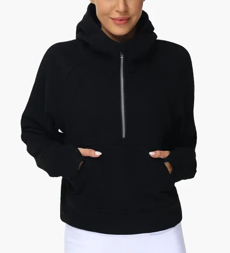 Vista 4 de THE GYM PEOPLE Sudaderas con capucha para mujer, media cremallera, manga larga, forro polar, con bolsillos, agujero para el pulgar