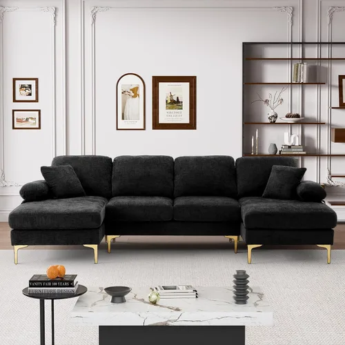 Vista 26 de OUYESSIR Sofá modular en forma de L, sofá de terciopelo de 3 plazas con otomana y almohadas, cómodo sofá cama tapizado para sala de estar, Verde