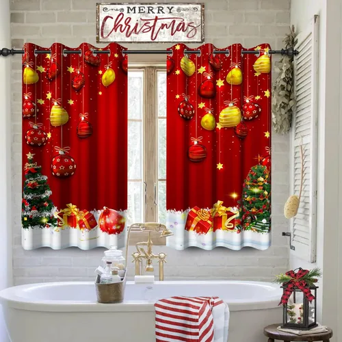 Vista 9 de Cortinas con adornos de Navidad impresos, cortinas para ventana de chimenea, calcetines de Navidad, árboles de Navidad, regalos, paneles opacos