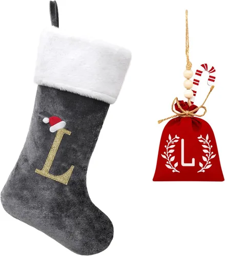 Vista 159 de Calcetines de Navidad bordados de 20 pulgadas con monograma, terciopelo negro con puño de felpa blanca supersuave, adornos clásicos para decoración
