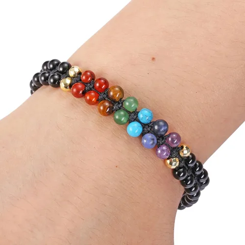 Vista 2 de GEHECRST Pulsera natural de cristal curativo de 7 chakras, cuentas redondas de reiki, pulsera elástica para mujeres y hombres, joyería de yoga