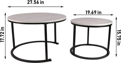 Vista 2 de Juego de café redondo anidable, mesa de cóctel moderna apilable para sala de estar, oficina, balcón, mesas anidables de 2 piezas con marco de metal