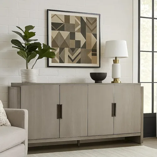 Vista 2 de Benzara Gris Sideboard Server, 4 Doors w Metal Handles, 60 Inch Stone Gray