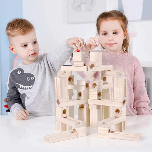 Vista 5 de Carrera de mármol de madera para niños de 4 a 8 años, 60 piezas de bloques de construcción de madera y juego de construcción, juego de laberinto