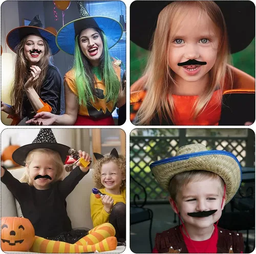 Vista 7 de OJYUDD 48 piezas de bigotes falsos autoadhesivos disfraz de bigotes novedoso pelo facial de barba falso para Halloween fiesta suministros de fiesta