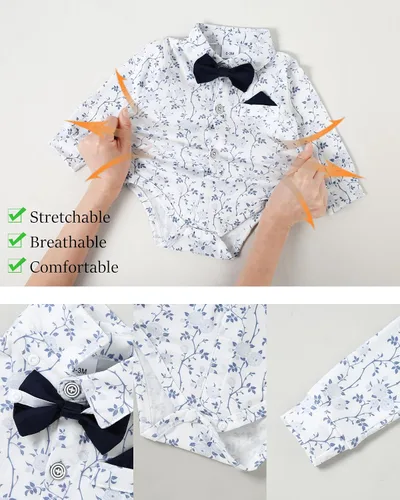 Vista 4 de WESIDOM Ropa de bebé niño 0-18M recién nacido traje de caballero, camisa+pajarita+boina+pantalón con tirantes Conjunto de ropa para bebé niño