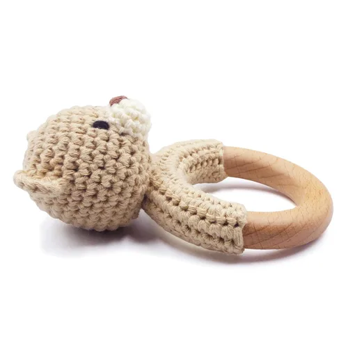 Vista 2 de Joliecraft Juguetes Sonajeros de Madera de Animales de Safari para Bebé, Sonajero de Ganchillo Relleno con Anillo Mordedor para Recién Nacido, Oso