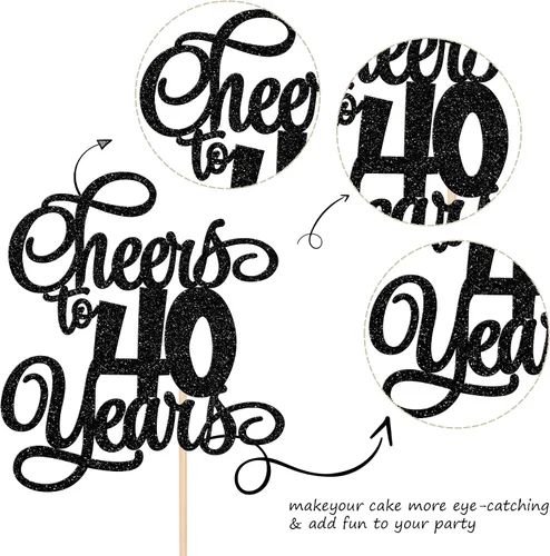 Vista 3 de 1 pieza de decoración para tartas de 40 años con purpurina para pastel de 40 años, 40 años, decoración fabulosa para tartas de cumpleaños de 40 Negro