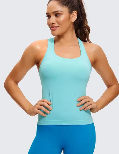Vista 2 de CRZ YOGA Camiseta sin mangas sin costuras para mujer, espalda cruzada, sin mangas, para entrenamiento, atlética, cuello redondo, para correr, yoga