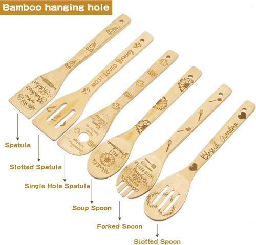 Vista 5 de Haooryx Juego de 6 cucharas de bambú para abuela, utensilios de cocina antiadherentes, utensilios de cocina de bambú quemado, kit de utensilios