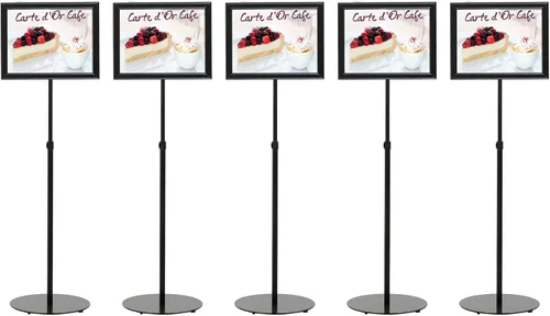 Vista 6 de M&T Displays Tablero de menú telescópico ajustable con pedestal, perfil de aluminio, marco de póster deslizable de doble cara negro, documento