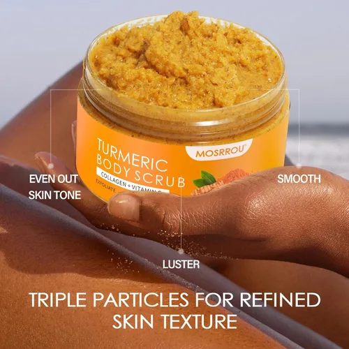Vista 7 de Exfoliante corporal de cúrcuma, vitamina C, exfoliante corporal con colágeno y aceite de coco, removedor de piel muerta, exfoliante natural suave e