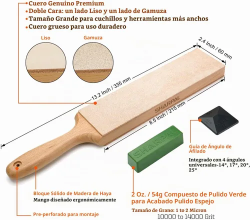 Vista 2 de SHARPAL 205H Asentador de Cuero de Doble Cara (Cuero Genuino de Vaca) 13.2" x 2.4" Kit con Compuesto de Pulido de 2 Oz. y Guía de Ángulo, Bloque