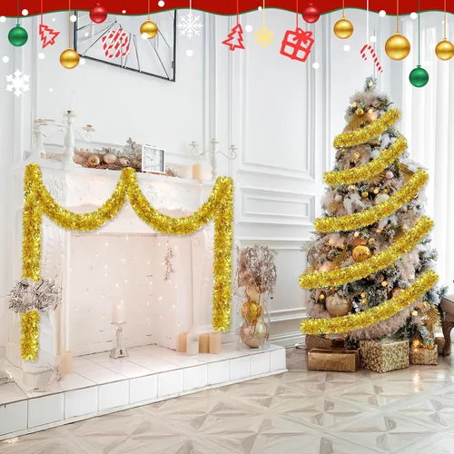 Vista 6 de Guirnalda de oropel dorada de Navidad de 50 pies, guirnalda metálica brillante con diseño de oropel colgante para adornos de árbol de Navidad