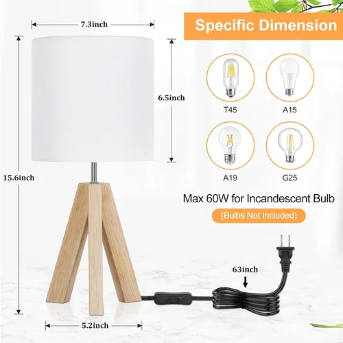 Vista 4 de Lámpara de mesa pequeña de madera, lámpara de mesa de trípode de madera con pantalla de tela blanca, linda lámpara de mesa boho minimalista