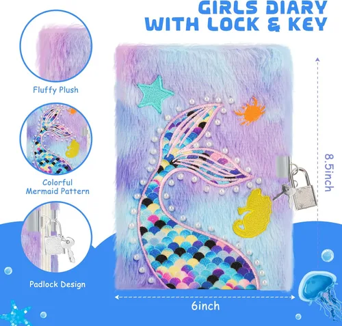 Vista 4 de homicozy Diario de sirena para niñas con cerradura y llaves, diario esponjoso tie-dye para niños con 160 páginas rayadas, cuaderno secreto mullido