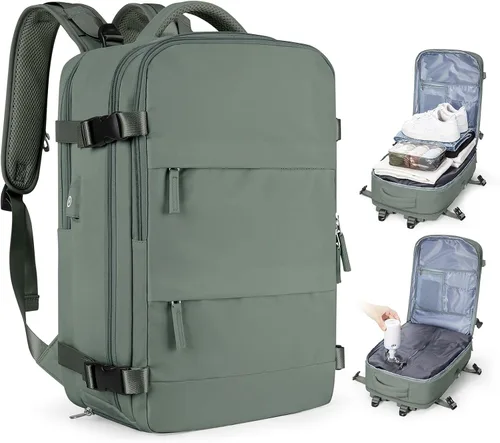 Vista 11 de Mochila de viaje grande, bolsa de mano, aprobada para aviones, para artículos personales, para hombre o mujer, color beige con marrón