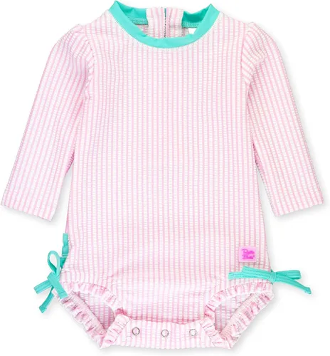 Vista 15 de RuffleButts - Traje de baño de una pieza con mangas largas, de seersucker, con protección solar UPF 50+ para bebé/niñas Seersucker de plátano