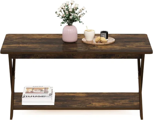 Vista 4 de Furinno – Mesa de café moderna y simplista, mesa de café rectangular moderna con patas en X, mesa auxiliar entrelazada, para sala de estar, Pino