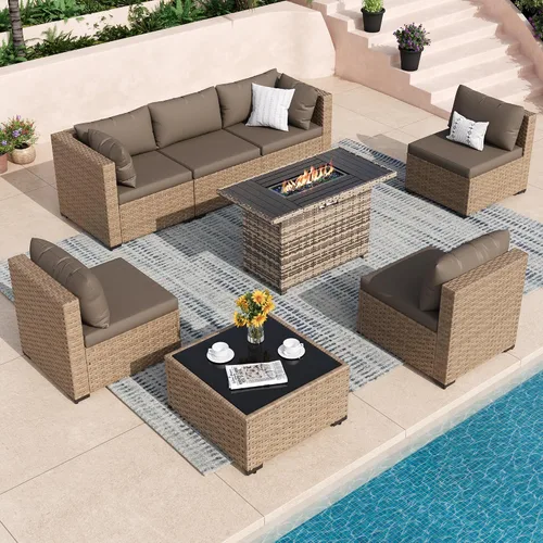 Vista 15 de Juego de muebles de patio, sofá seccional de mimbre para exteriores Beige/Negro