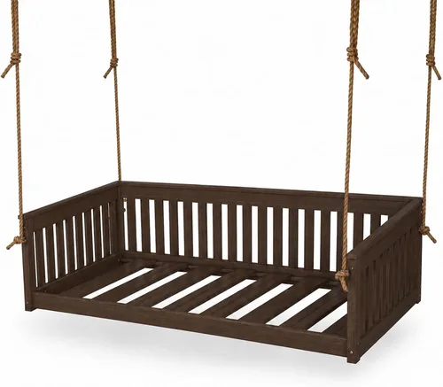 Vista 25 de Amish Twin Poly Lumber Wood Hanging Daybed, Antique Mahogany, USA Made Deep Seating Mission Collection HDPE Poly Lumber Twin Daybed with Rope