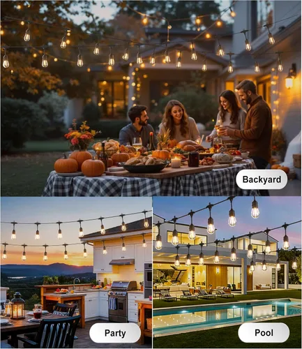 Vista 6 de Tira de luces para exteriores, luz de patio de 100 pies con 32 bombillas Edison regulables S14 inastillables, iluminación exterior resistente al
