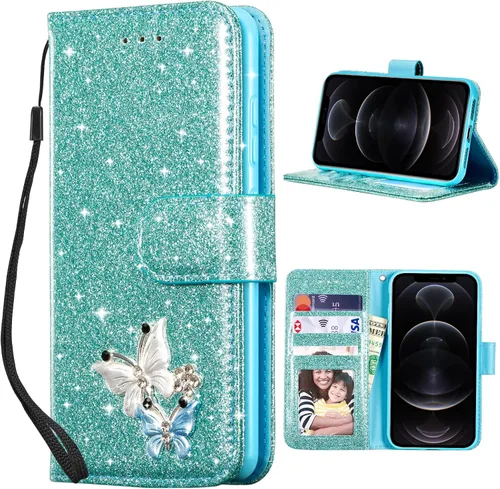 Vista 17 de UEEBAI Funda tipo cartera para iPhone 11, funda de piel sintética con purpurina para teléfono, ranuras para tarjetas, funda con función atril Negro