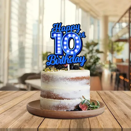 Vista 5 de Decoración de pastel de cumpleaños 10 con purpurina azul Let's Glow Crazy Party Theme Decor Supplies Men Women Happy Birthday 10 Anniversary Party