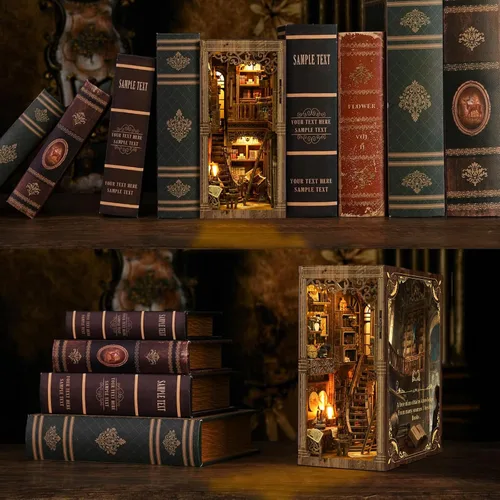 Vista 7 de Kit de rincón de libros de biblioteca antigua, rompecabezas 3D de madera con luz LED, modelo de estantería en miniatura, decoración cultural