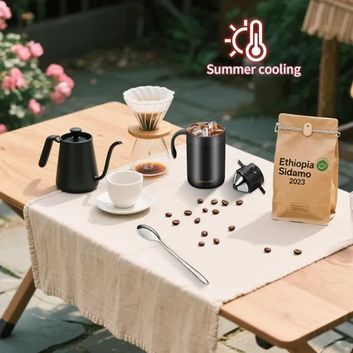 Vista 5 de Juego de cafetera de campamento de 16.5 onzas, cafetera portátil de acero inoxidable 304, cafetera de camping para exteriores, viajes, hogar