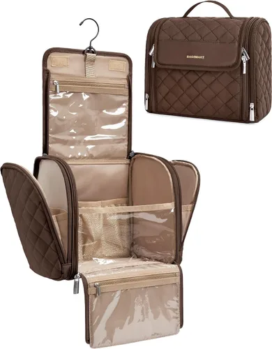 Vista 10 de BAGSMART Neceser de viaje para maquillaje con gancho para colgar, bolsa de cosméticos, organizador de gran capacidad, resistente al agua, para Beige