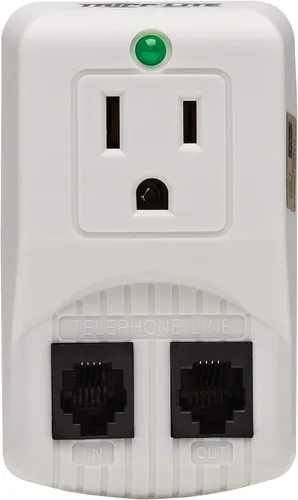 Vista 3 de Tripp Lite, estabilizador de corriente de 2 salidas con 4 puertos de carga USB (4,8 A total), cable de 6 pies (TLP26USBB). 1 enchufe + TEL