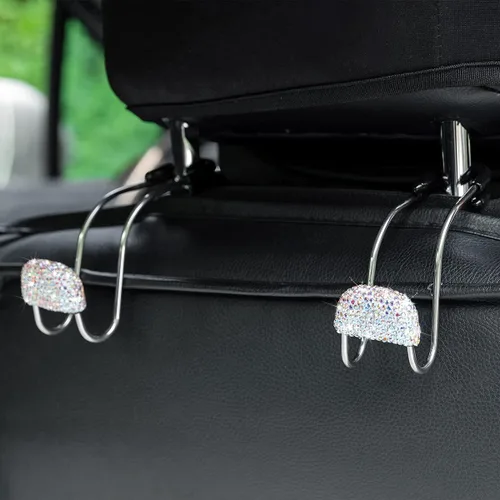 Vista 5 de AUCELI Gancho para reposacabezas de automóvil, paquete de 2 organizadores brillantes para el asiento trasero para bolso, ropa, bolsa de comestibles