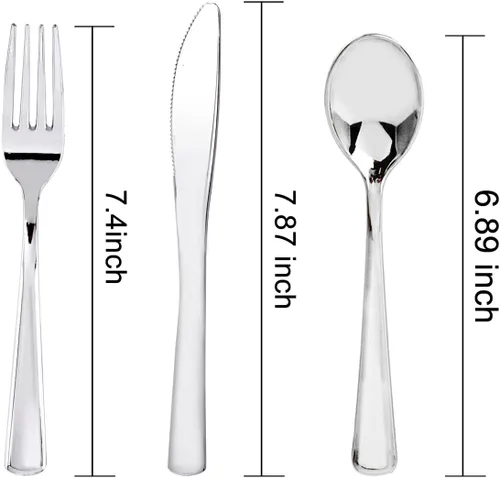 Vista 10 de WDF 180 cubiertos de plástico plateado – cubiertos de plástico plateado – cubiertos de plástico elegante resistente – 60 tenedores, 60 cuchillos, 60