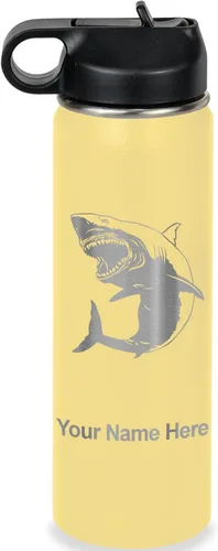 Vista 23 de LaserGram Botella de agua personalizada, gran tiburón blanco, acero inoxidable de doble pared aislada al vacío con popote superior, regalo grabado