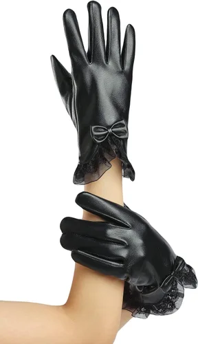 Vista 42 de Sahabowi Guantes de cuero para clima frío Manopla de lana cálida de invierno para mujeres