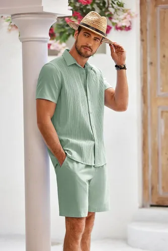 Vista 3 de COOFANDY Conjunto de ropa de playa de algodón Guayabera para hombre, conjunto corto de lino de 2 piezas
