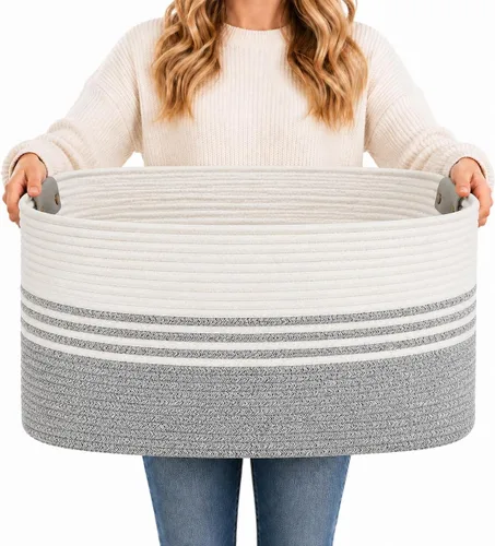 Vista 28 de DOFASAYI Cesta de lavandería grande de 72 litros con asas de cuero, cesta de almacenamiento decorativa para mantas, cesta de ropa para sala