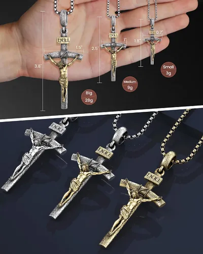Vista 6 de Collar de crucifijo católico para hombres y mujeres, collar de cruz de plata antigua/oro/plata con exquisito colgante de Jesús, cadena de acero
