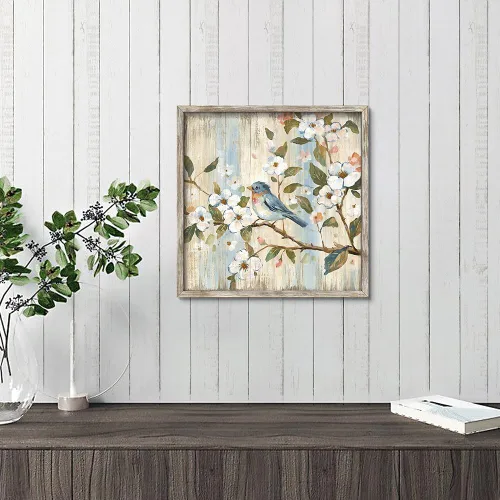 Vista 4 de Decoración de pared floral de pájaro: obra de arte botánica enmarcada imagen de animal en la rama de árbol impresión de madera para baño (12 x 12)