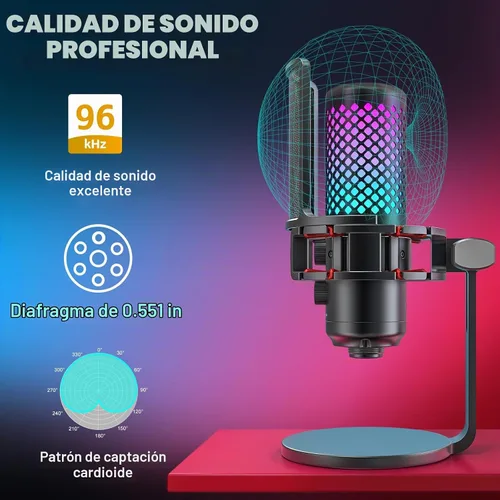 Vista 4 de ZealSound Micrófono USB para iPhone, iPad, teléfono, PC, micrófono RGB para juegos con metal completo, silencio, filtro pop, ganancia